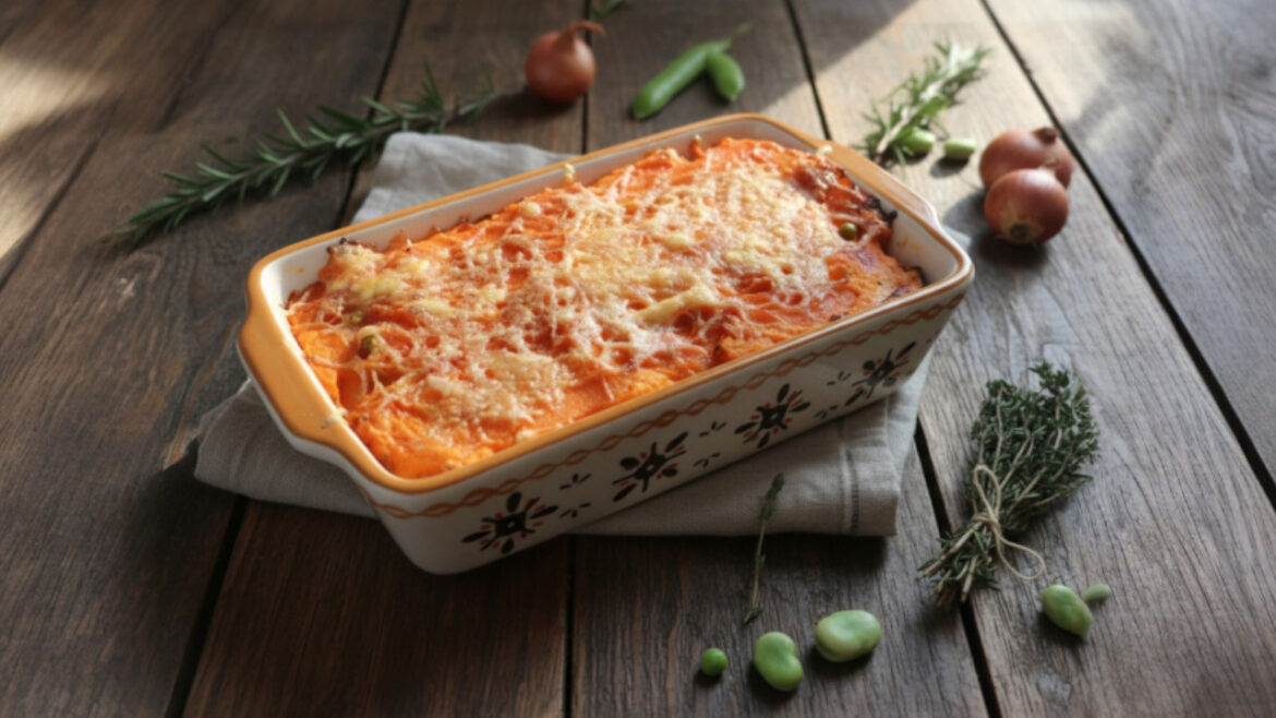 Hachis Parmentier de Patate Douce aux Oignons Caramélisés, Lardons & Petits Pois